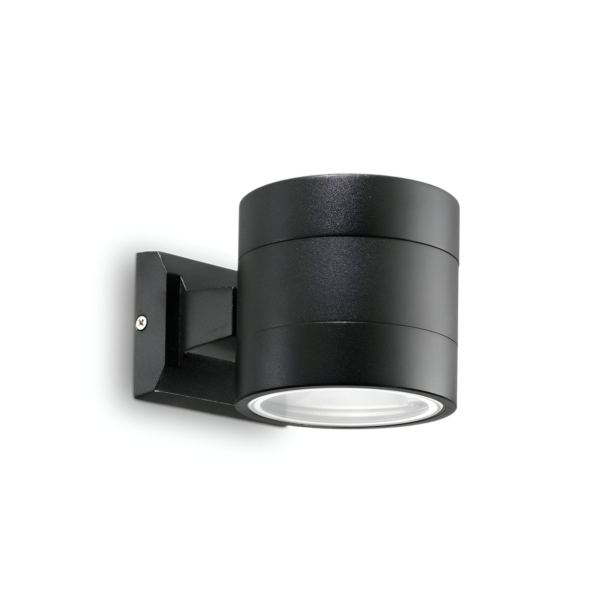 The Opus Round Outdoor Wall Light - Black is a sleek, modern cylindrical outdoor wall light fixture mounted on a rectangular base. It features a single bulb with a Pyrex glass diffuser and a clear cover facing downward.