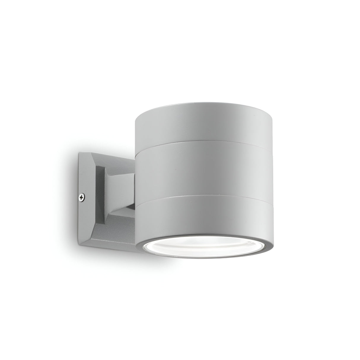 Introducing the Opus Round Outdoor Wall Light in Grey: a sleek and modern fixture with a cylindrical design mounted on a square base. It showcases a Pyrex glass diffuser, directing light downward to emphasize its minimalist aesthetic against a plain white background.