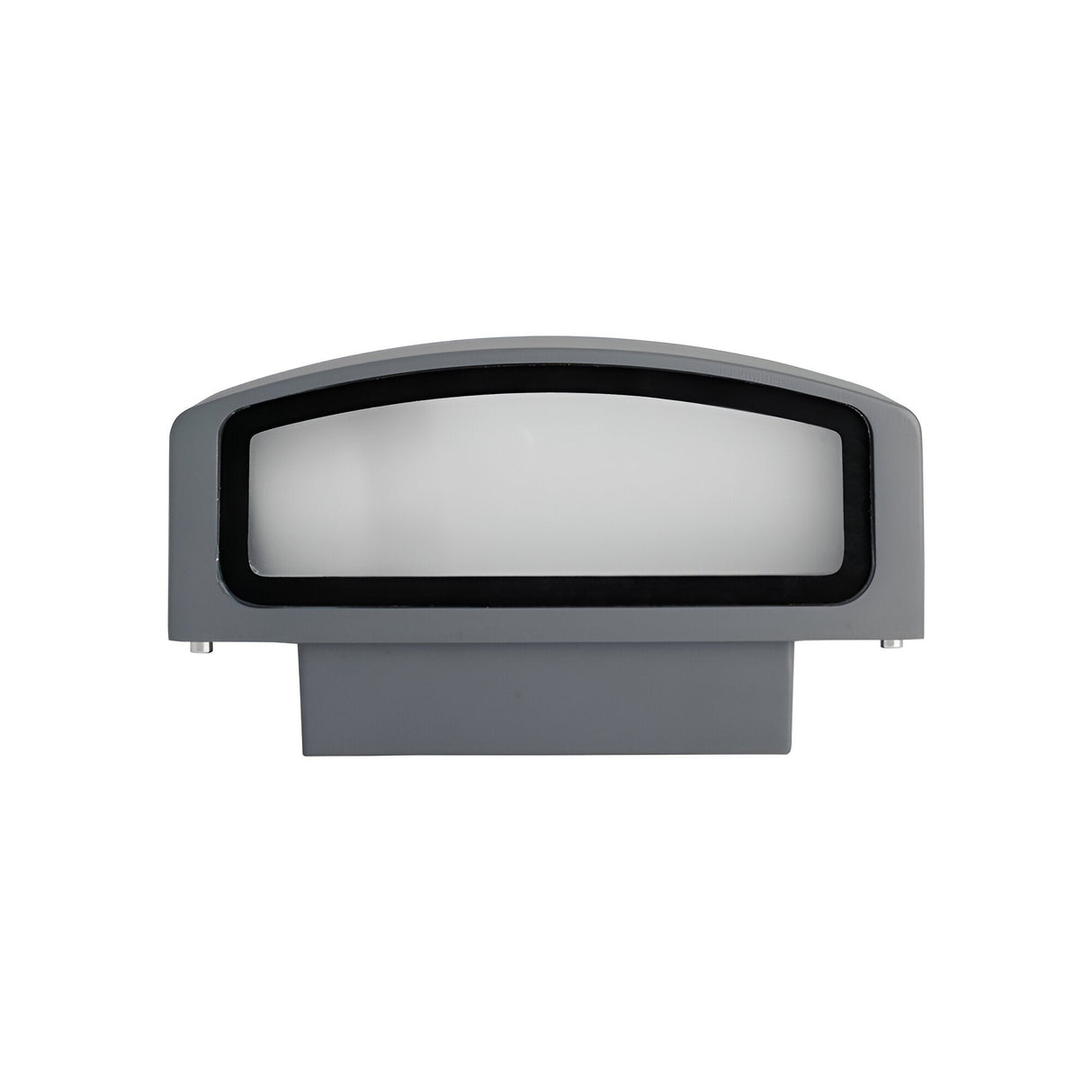 The Lunar Outdoor Wall Light - Anthracite is a gray, rectangular electronic device featuring a rounded top and large white screen in the center. It has an IP55 rated anthracite finish and boasts a simple, minimalist design, positioned against a plain white background.