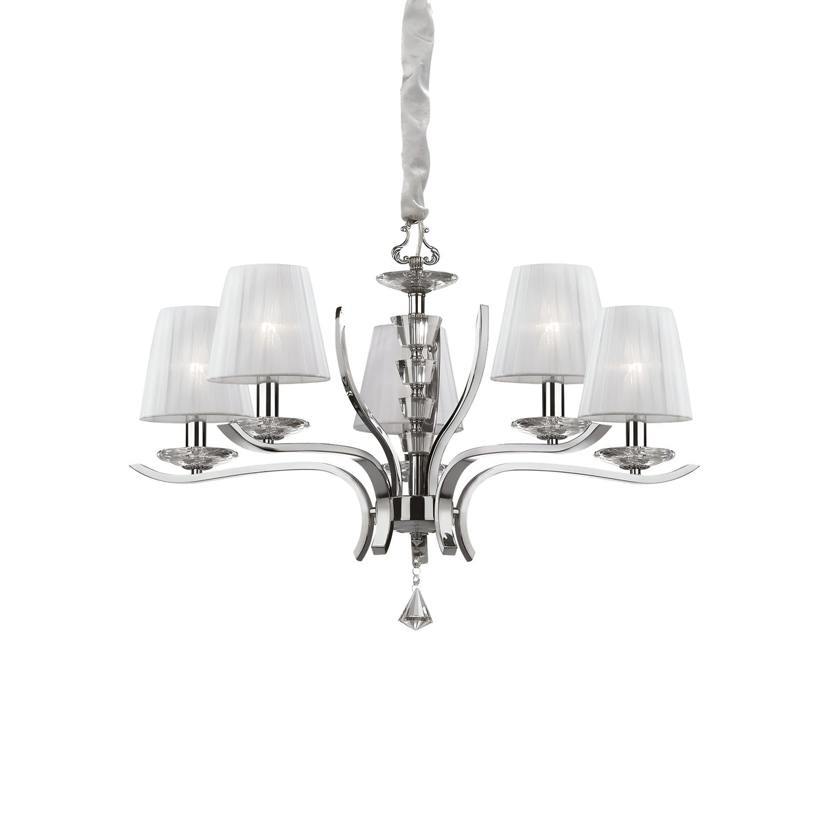 The Solum 5 Light Chandelier - Grey is a modern lighting fixture that showcases five white lampshades and a silver metal frame with gracefully curved arms, highlighted by a central crystal accent. It elegantly hangs from a decorative silver chain.