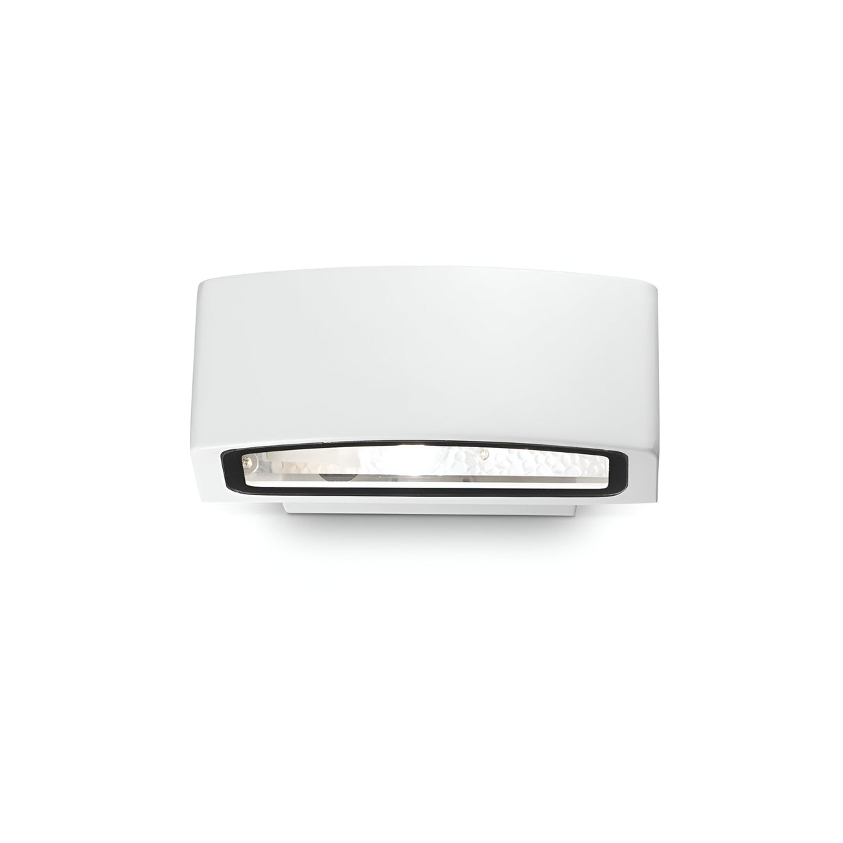 The image showcases the Lunar Outdoor Wall Light - White, a contemporary wall-mounted fixture with a sleek rectangular shape and a clear cover safeguarding the bulb. Perfect for robust outdoor lighting, it has an IP55 rating and is displayed against a plain white backdrop.