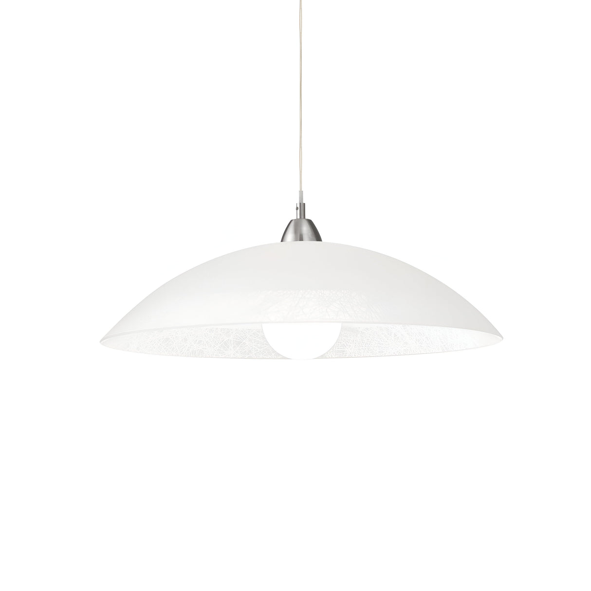The Lusterra 1 Light Pendant - White features a sleek, minimalist design with a wide, shallow dome-shaped shade hanging elegantly from the ceiling. Its modern style is accentuated by a transparent glass diffuser that allows the light bulb to peek through for an elegant finish.