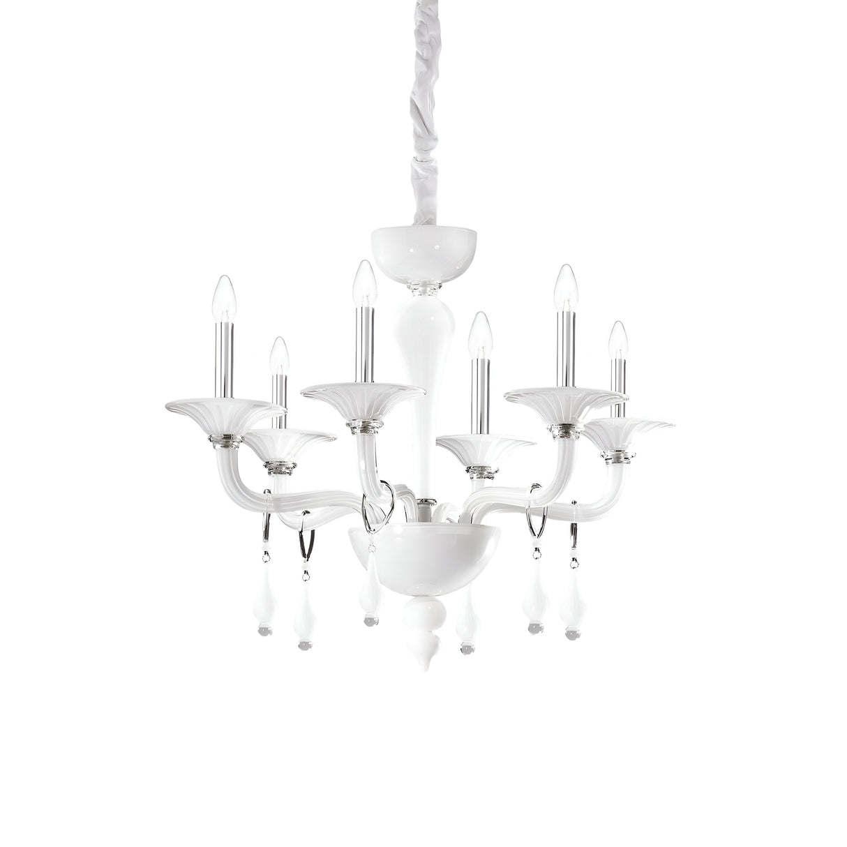 The Nirvana 6 Glass Light Chandelier - White exudes elegance with its curving arms and six candle-like lights. Featuring artisanal craftsmanship, it dazzles with hanging glass ornaments and a sleek design, offering a modern touch while being gracefully suspended by a covered chain.