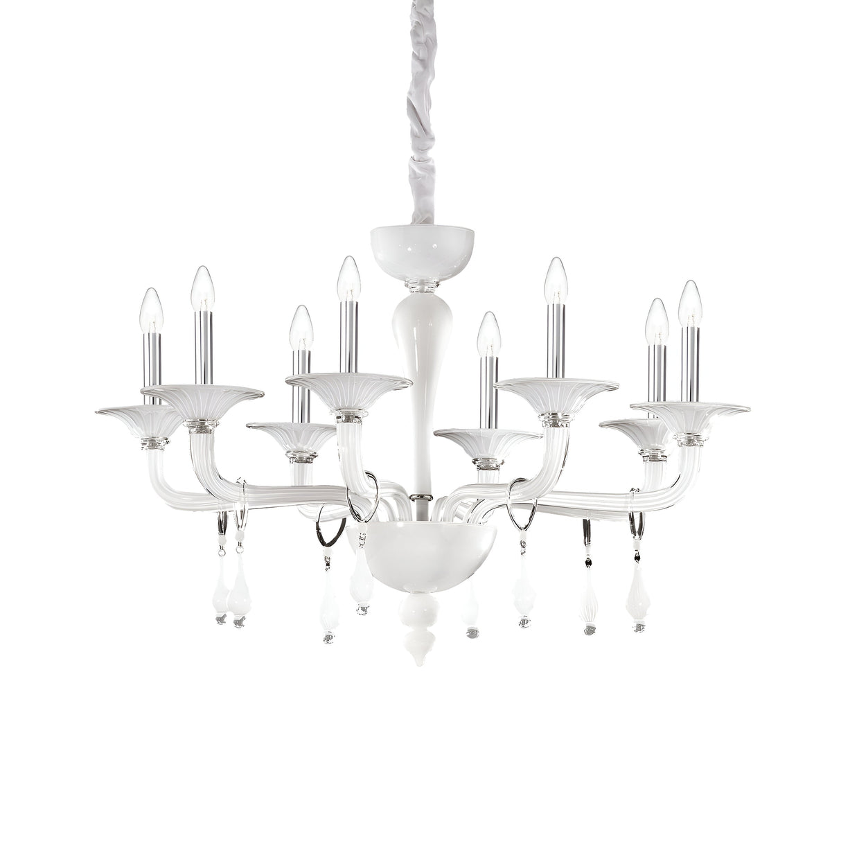 The Nirvana 8 Glass Light Chandelier - White is a hand-crafted chandelier with eight candle-shaped lights arranged neatly. It features decorative hanging crystals and a sleek metal frame, suspended from an adjustable chain length for the perfect fit.