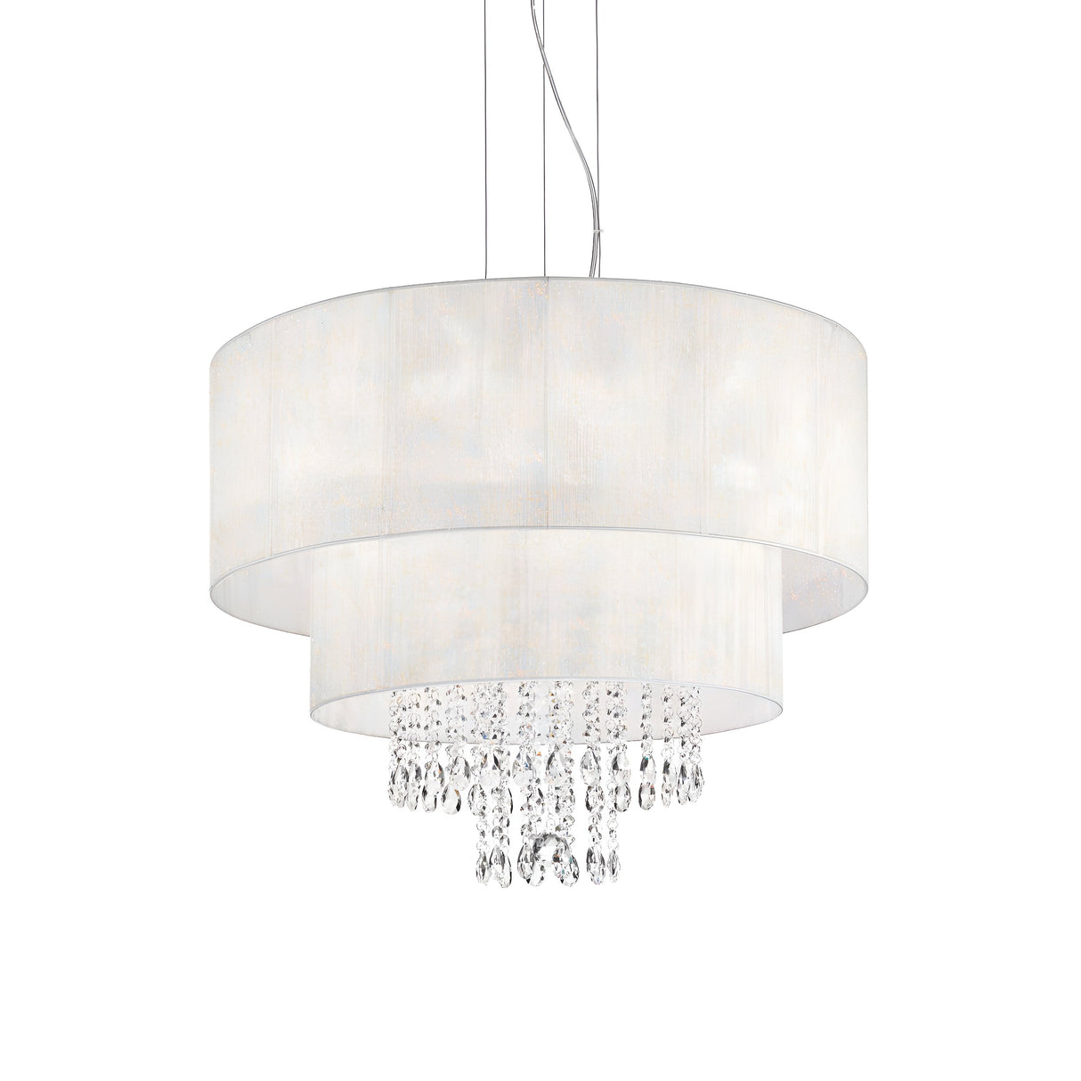 The Brillis Crystal 6 Light Chandelier - White features a contemporary design with two large white fabric drum shades. Below these shades, an array of clear crystal pendants adds an elegant touch, making it an ideal choice for any modern interior.