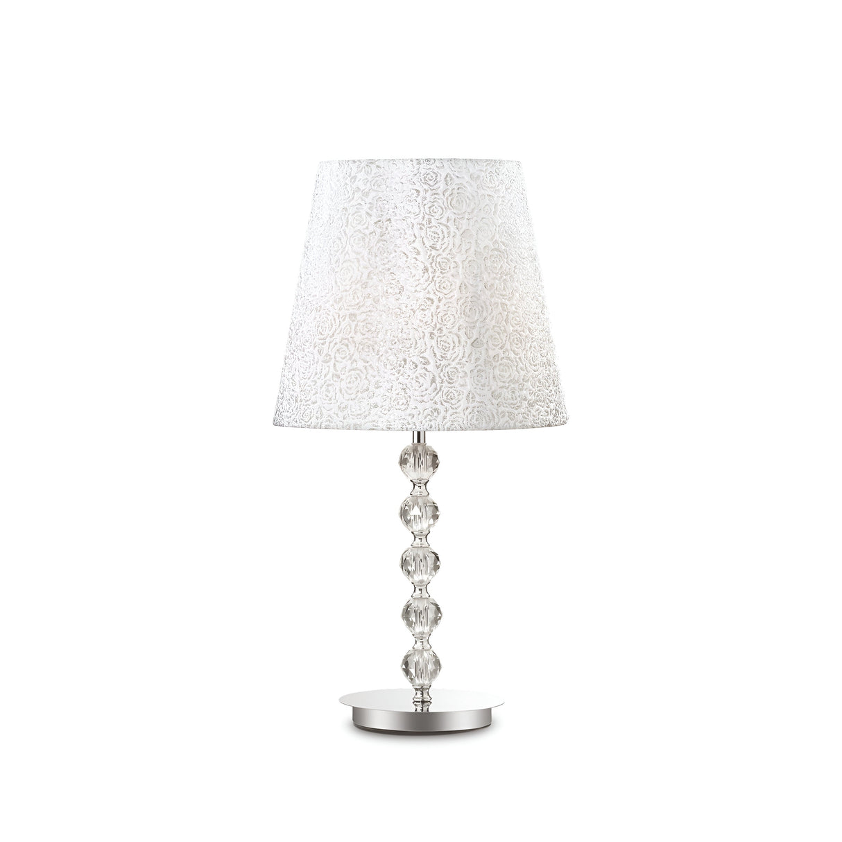 The Lumina Large Crystal Table Lamp - Chrome showcases a decorative transparent glass base, topped with a white quilted lampshade and supported by a circular chrome finish base, all set against a plain white background.