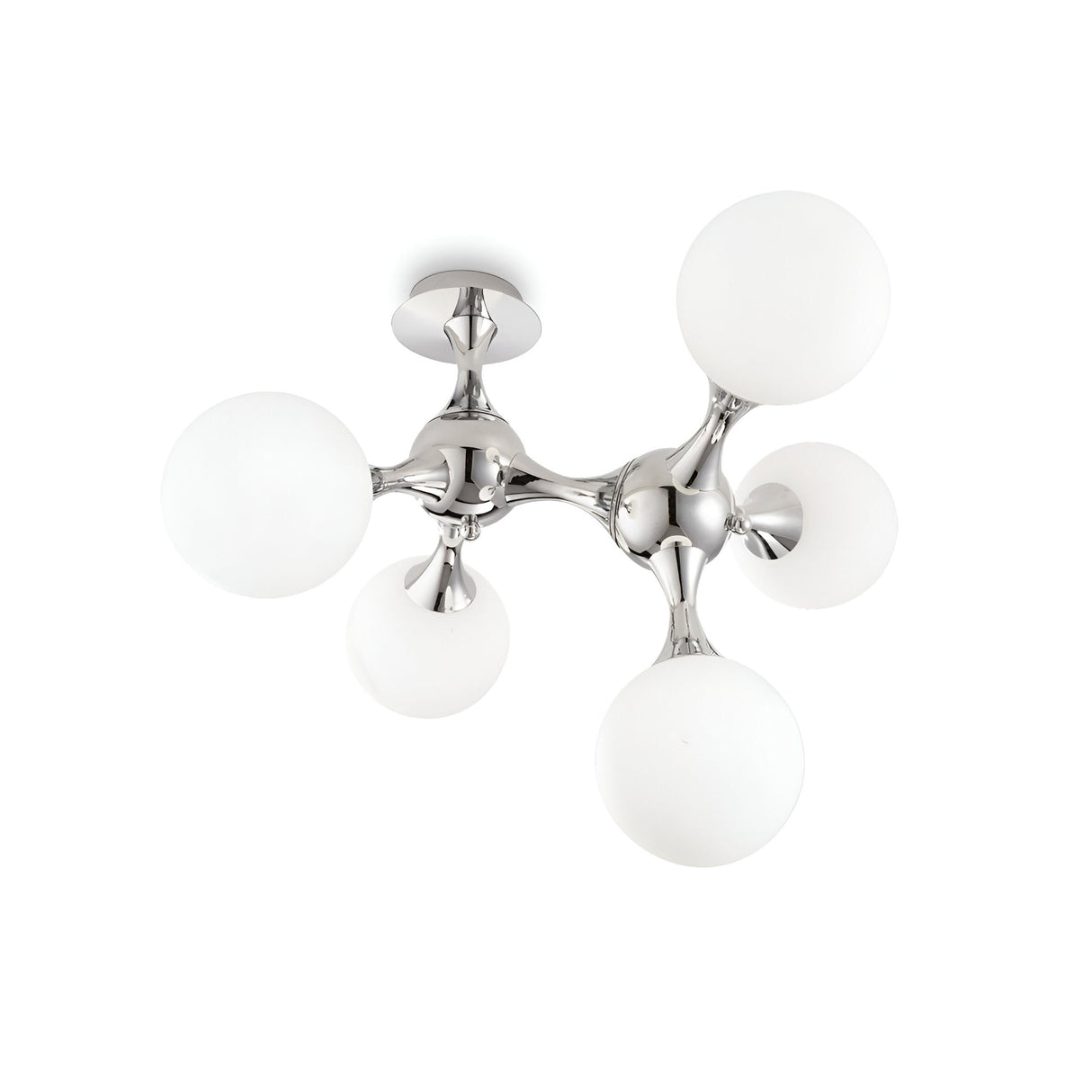 The Emblaze 5 Light Semi Flush - White showcases a contemporary design with five frosted glass globes attached to a sleek chrome metallic structure, creating a molecule-like appearance. This chic fixture is gracefully installed on a white ceiling.