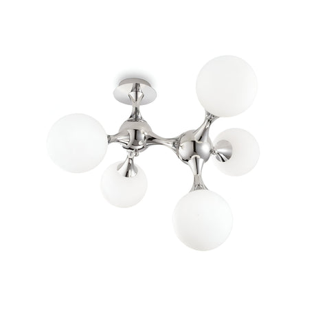 The Emblaze 5 Light Semi Flush - White showcases a contemporary design with five frosted glass globes attached to a sleek chrome metallic structure, creating a molecule-like appearance. This chic fixture is gracefully installed on a white ceiling.