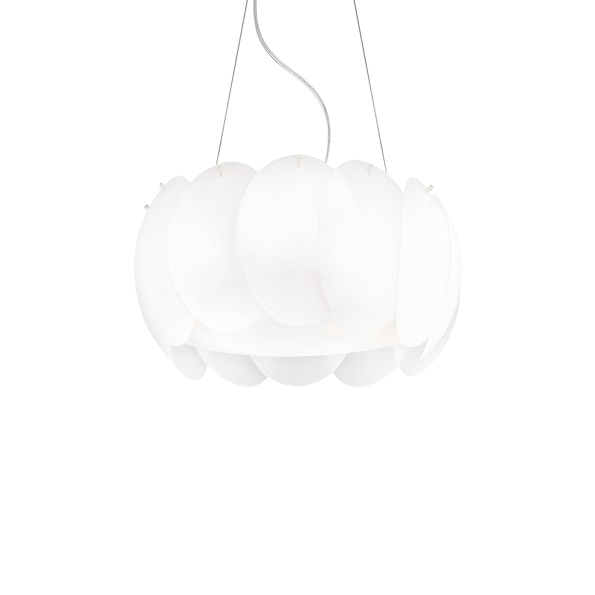 The Nero 5 Light Pendant - White features a contemporary circular design with overlapping acid-etched glass discs. It is suspended by adjustable cables, giving it the appearance of floating against a plain white backdrop.