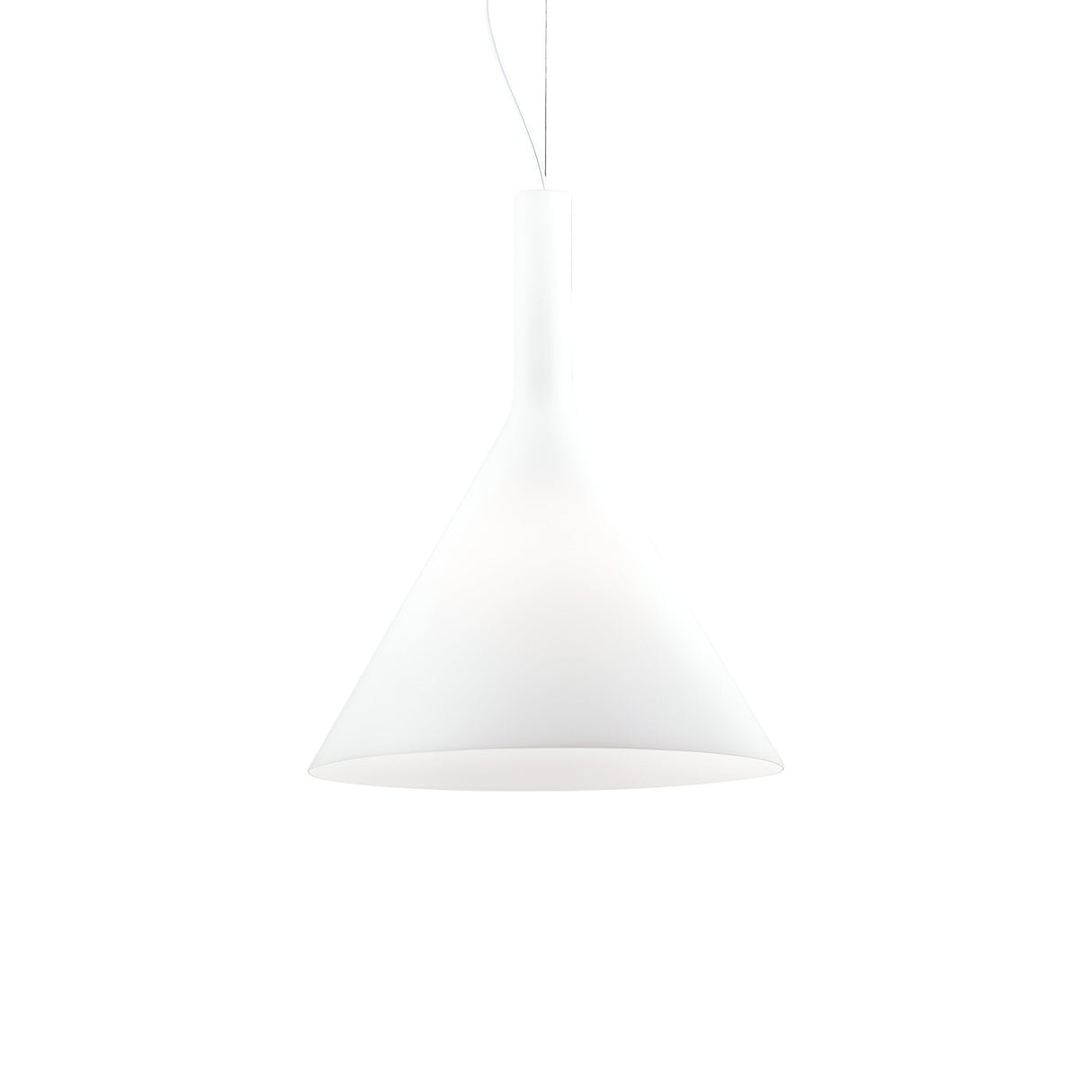 The Vesper 1 Light Large Pendant - White is a piece of modern lighting art, showcasing a minimalist white conical shade crafted from blown glass. With its thin wire suspension and placement against a plain white background, it exemplifies elegance and simplicity.