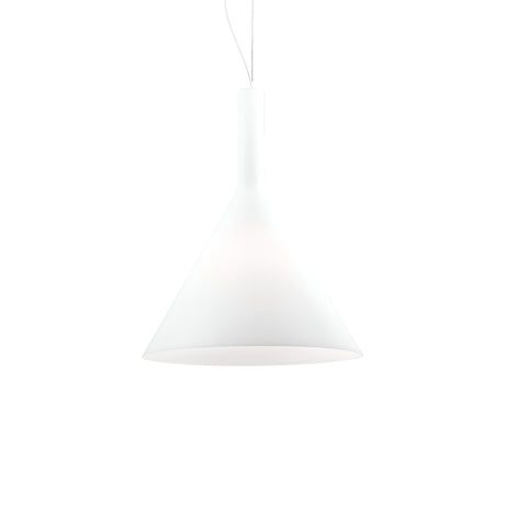 The Vesper 1 Light Large Pendant - White is a piece of modern lighting art, showcasing a minimalist white conical shade crafted from blown glass. With its thin wire suspension and placement against a plain white background, it exemplifies elegance and simplicity.