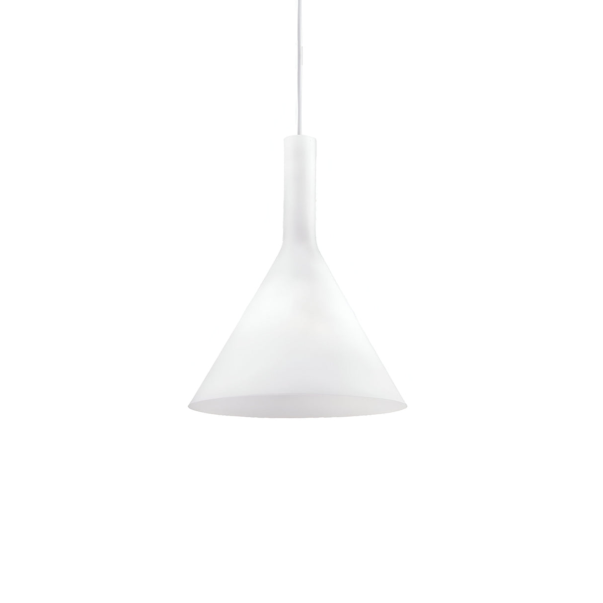 The Vesper 1 Light Small Pendant - White is a minimalist ceiling light that elegantly showcases a conical shape and blown glass diffuser against a plain white background, with adjustable suspension cables for versatile styling.