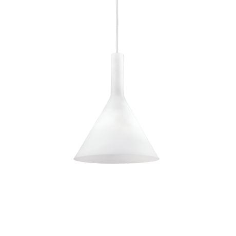 The Vesper 1 Light Small Pendant - White is a minimalist ceiling light that elegantly showcases a conical shape and blown glass diffuser against a plain white background, with adjustable suspension cables for versatile styling.