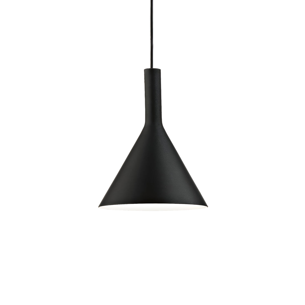 The Vesper 1 Light Pendant - Black showcases minimalist design with its black cone-shaped shade and elegant, adjustable-length cables. It hangs elegantly against a white background, providing a striking balance of form and function.