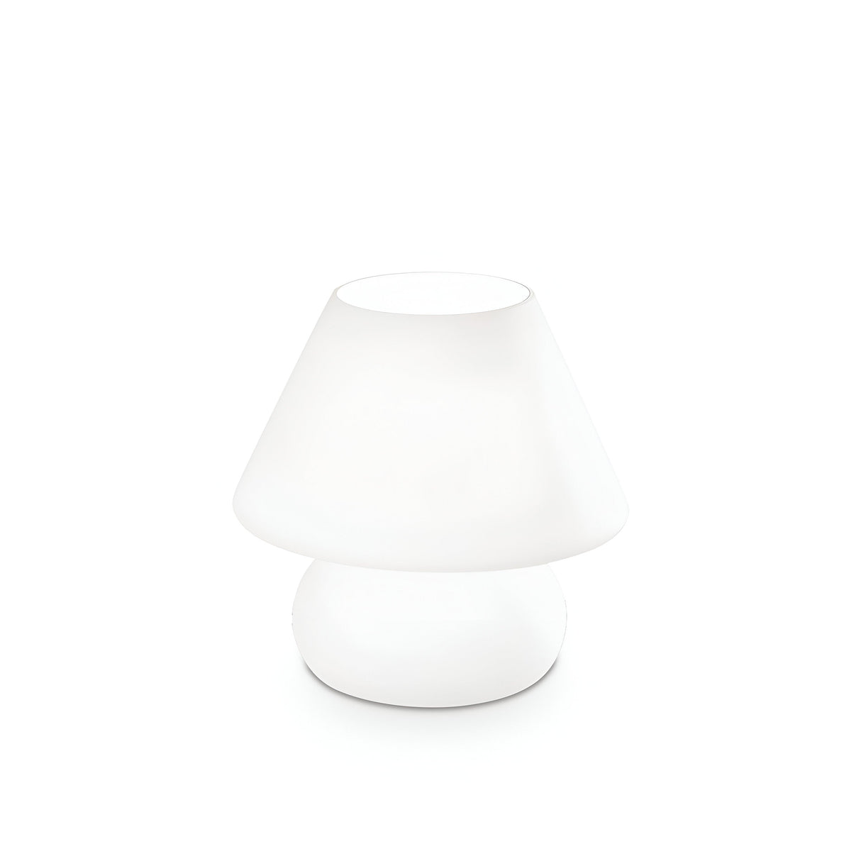 The Prato Small Table Lamp - White boasts a minimalist design with a smooth, rounded base made of white blown glass and a conical shade, creating an ambient glow against its plain white background.