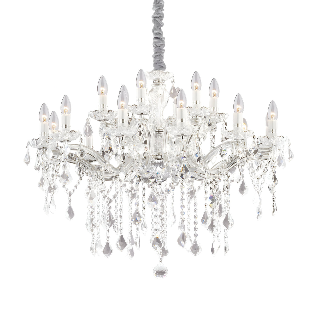 Introducing the Aurora Crystal 18 Light Chandelier - a luxurious lighting fixture featuring a chrome finish and numerous bulbs shaped like lit candles. Its intricate design is adorned with cascading crystal ornaments and suspended from a braided cord, exuding elegance and sophistication with its silver frame.