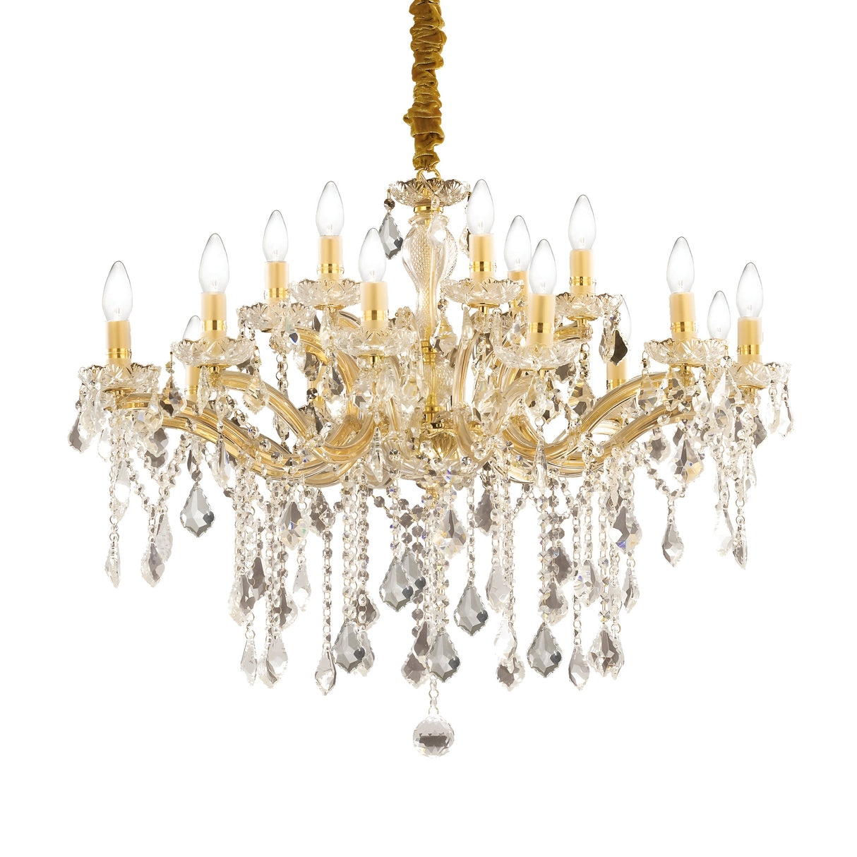 The Aurora Crystal 18 Light Chandelier - Gold serves as a luxurious centerpiece featuring ornate gold detailing and eighteen candle-shaped lights, elegantly adorned with hanging crystal prisms. Set against a pristine white background, it epitomizes luxury lighting and is perfect for any setting.