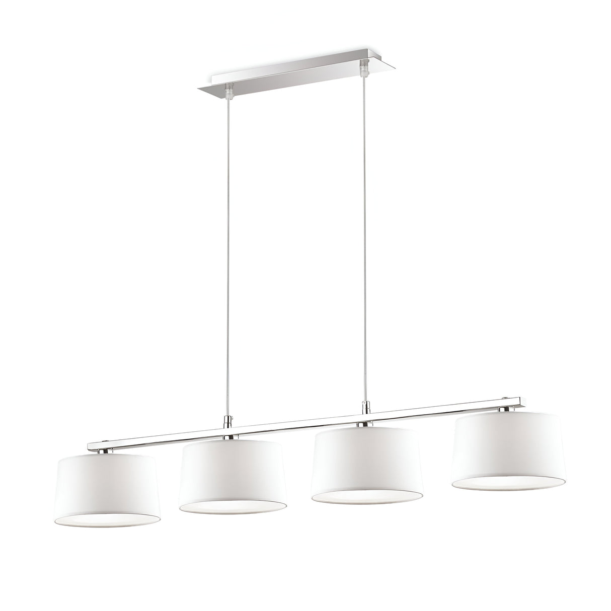 The Satin 4 Linear Suspension Light - White is a modern lighting fixture featuring four white cylindrical lampshades, with adjustable-length cables suspended in a row from a sleek, rectangular metal ceiling mount.