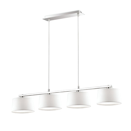 The Satin 4 Linear Suspension Light - White is a modern lighting fixture featuring four white cylindrical lampshades, with adjustable-length cables suspended in a row from a sleek, rectangular metal ceiling mount.