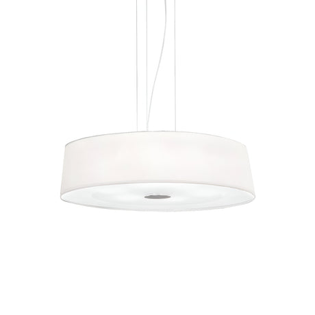 Introducing the Satin 4 Suspension Light - White, featuring a sleek chrome frame and a modern design. Its circular, drum-shaped shade is suspended elegantly from a cord, providing a minimalist aesthetic that beautifully complements its white background.