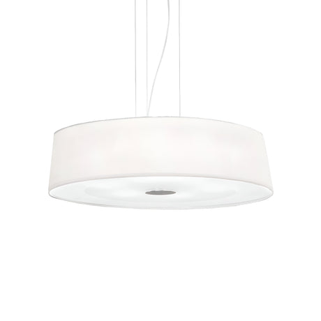 The Satin 6 Suspension Light - White is a sleek and modern pendant featuring a circular design, suspended by adjustable-length cables. It emits a soft, ambient glow and enhances any space with its contemporary elegance against a plain white backdrop.