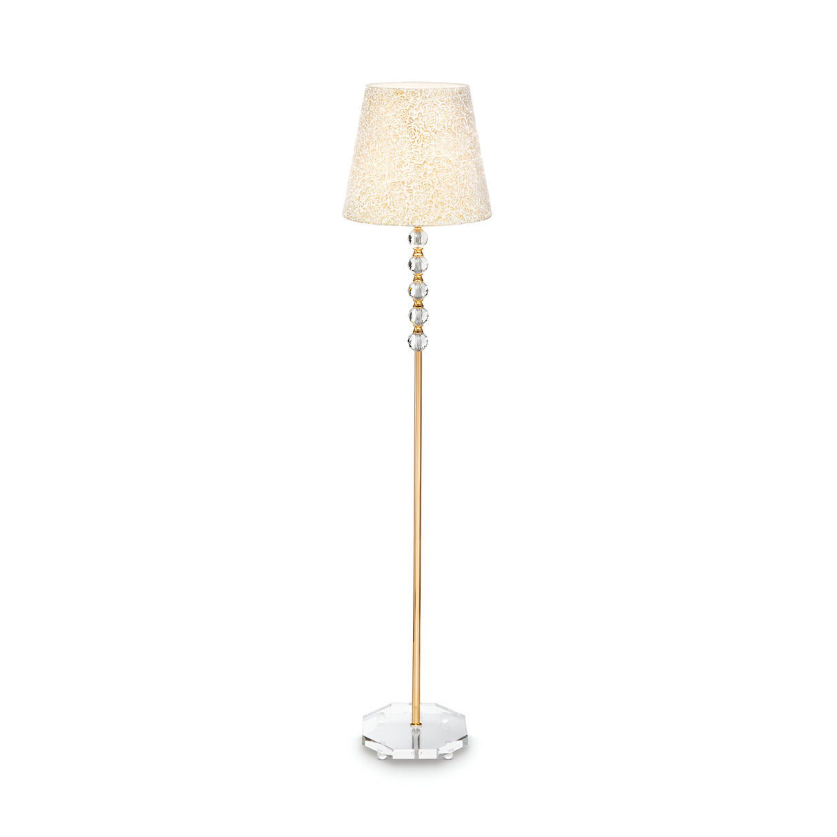 Introducing the Princess Crystal Floor Lamp - Gold, with a stunning gold metal stand and crystal-like embellishments under a cream-colored textured lampshade. The octagonal base, resembling cut crystal, offers an exquisite touch to any room.