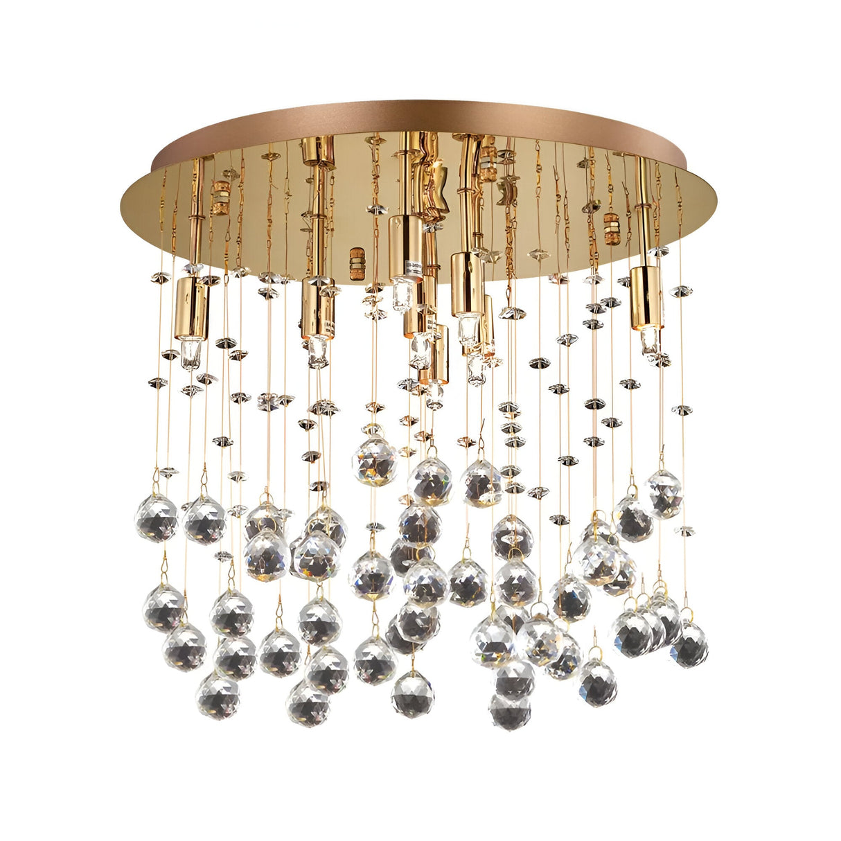 The Solisera 8 Light Crystal Semi Flush Chandelier in Gold features a luxurious gold finish with multiple crystal pendants that create a cascading effect. Suspended from a round gold base, it effortlessly blends elegance with modern design.
