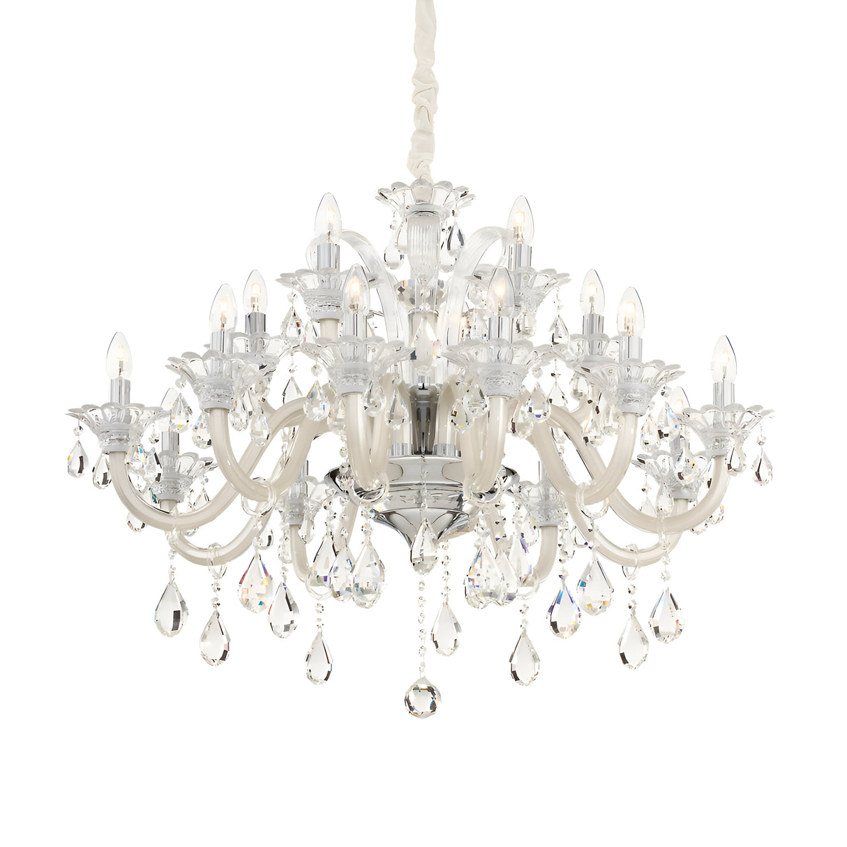 Introducing the Vivid Crystal 15 Light Chandelier - White: a stunning piece featuring multiple ornate arms, each adorned with candle-shaped bulbs. Clear, teardrop-shaped pendants elegantly dangle from the arms, enhancing its luxurious appeal. The contemporary design boasts a sleek metallic finish and is suspended gracefully from a chain.