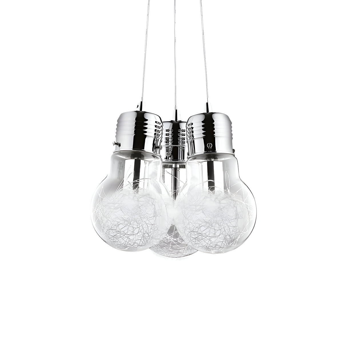 A contemporary hanging lamp fixture inspired by the Luce 3 Light Pendant - Chrome, boasting five bulb-shaped glass shades filled with decorative thin wire. The bulbs are gracefully suspended from chrome-finished holders, perfectly complementing modern interiors with its sleek design.