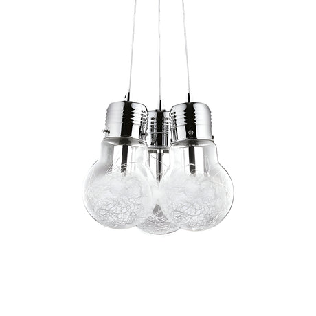 A contemporary hanging lamp fixture inspired by the Luce 3 Light Pendant - Chrome, boasting five bulb-shaped glass shades filled with decorative thin wire. The bulbs are gracefully suspended from chrome-finished holders, perfectly complementing modern interiors with its sleek design.