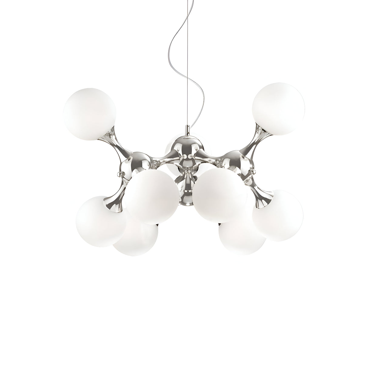 The Emblaze 9 Light Suspension - White is a modern chandelier that offers dimmable lighting. It features a polished chrome frame adorned with twelve spherical frosted glass shades arranged in a geometric pattern, all beautifully suspended by a single wire.