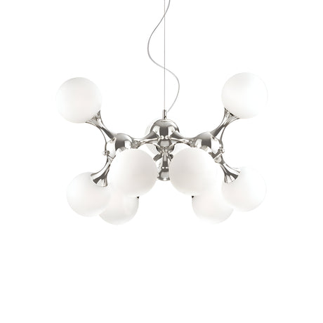The Emblaze 9 Light Suspension - White is a modern chandelier that offers dimmable lighting. It features a polished chrome frame adorned with twelve spherical frosted glass shades arranged in a geometric pattern, all beautifully suspended by a single wire.