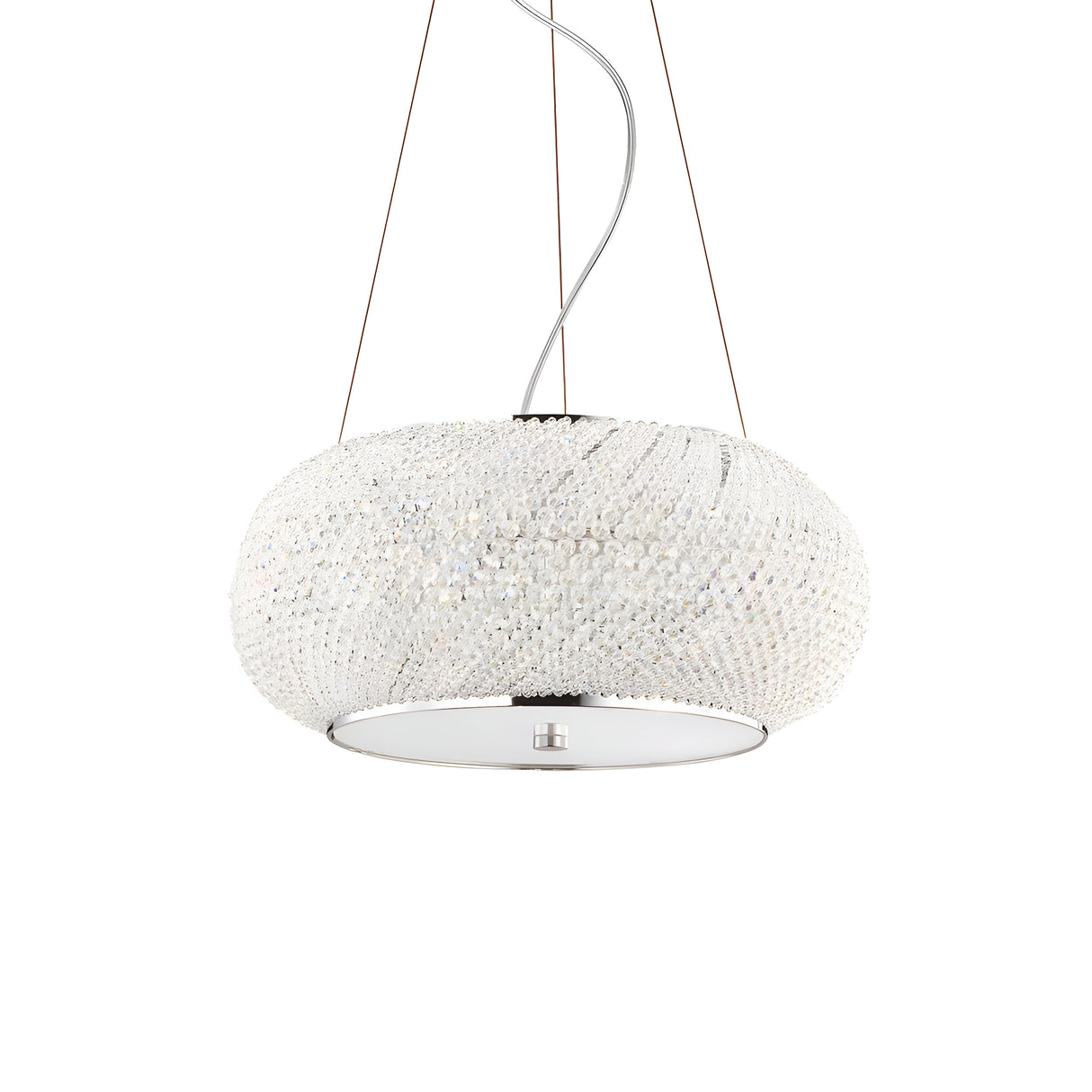 The Harbor Crystal 6 Light Chandelier - Chrome exemplifies modern elegance in lighting with its chrome-finished metal frame. It is suspended by thin cables and boasts a circular design with a sleek, white surface that beautifully sparkles and reflects light.