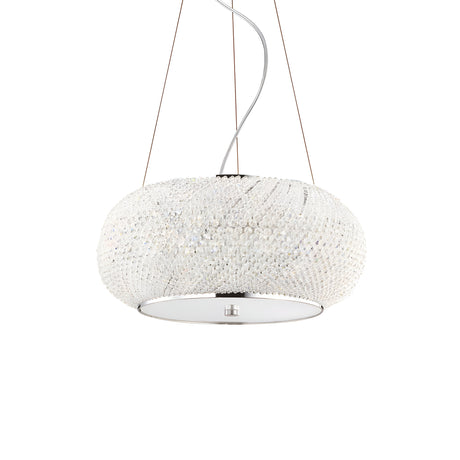 The Harbor Crystal 6 Light Chandelier - Chrome exemplifies modern elegance in lighting with its chrome-finished metal frame. It is suspended by thin cables and boasts a circular design with a sleek, white surface that beautifully sparkles and reflects light.