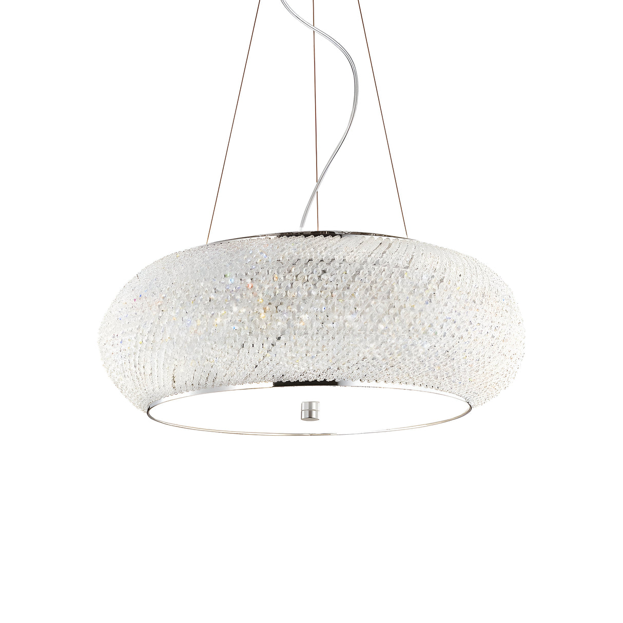 The Harbor Crystal 10 Light Chandelier - Chrome is a contemporary circular fixture featuring a sleek metal frame adorned with sparkling crystals. It elegantly hangs from the ceiling with thin wires, creating a sophisticated, luxurious ambiance through its crystal diffuser.
