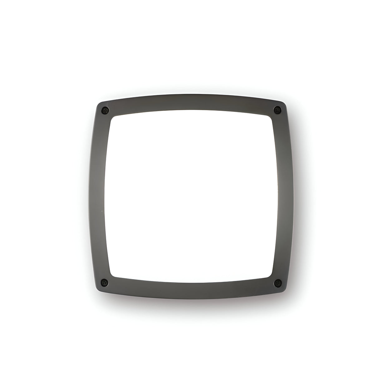The Lyrisa 3 Light Flush Ceiling & Wall Light in Grey boasts a square black metal frame with rounded corners and screws at each corner, making it an ideal choice for bathroom lighting. Its IP54 rating ensures a blend of style and durability against a pristine white background.