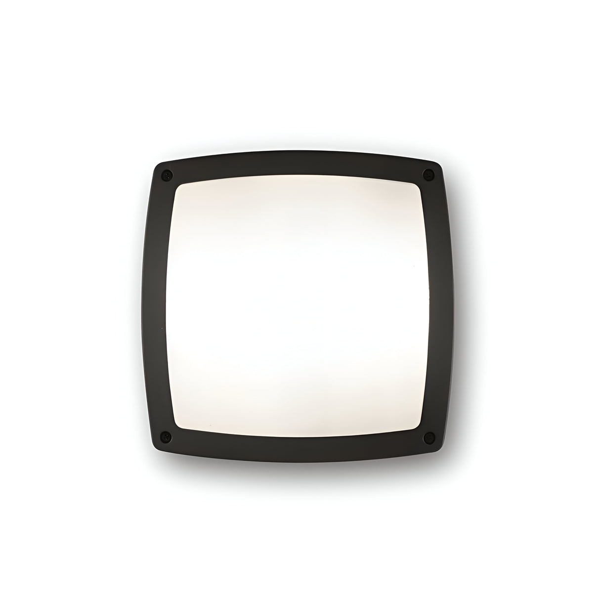 The Lyrisa 3 Light Flush Ceiling & Wall Light - Black features a square design with a matte black frame and a white frosted glass center, secured with visible screws at each corner. Boasting an IP54 rating, it is ideal for bathroom lighting, providing soft and even illumination against a plain white background.