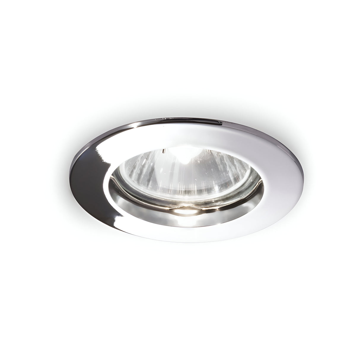 A close-up of a Glorix Recessed Downlight - Silver showcases its sleek design. The downlight is illuminated, casting a bright glow and subtly highlighting the modern metallic surface.