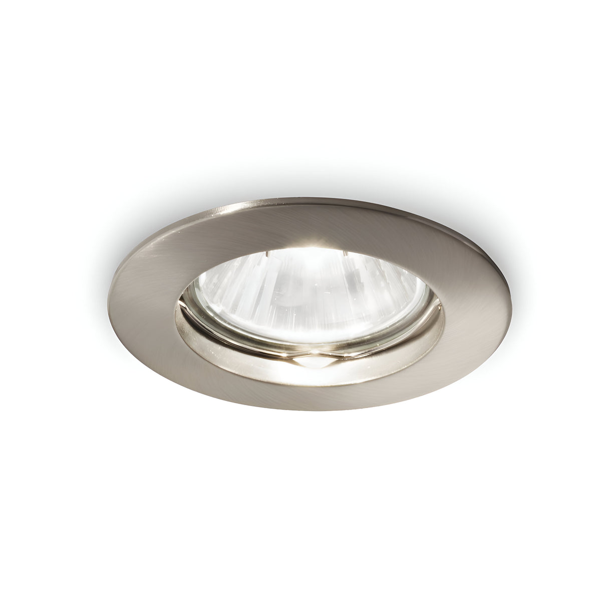 The Glorix Recessed Downlight - Nickel features a sleek, round design with a brushed nickel finish. It emits a soft glow, seamlessly blending elegance with functionality. The fixture is displayed against a plain white background, showcasing exquisite modern lighting.