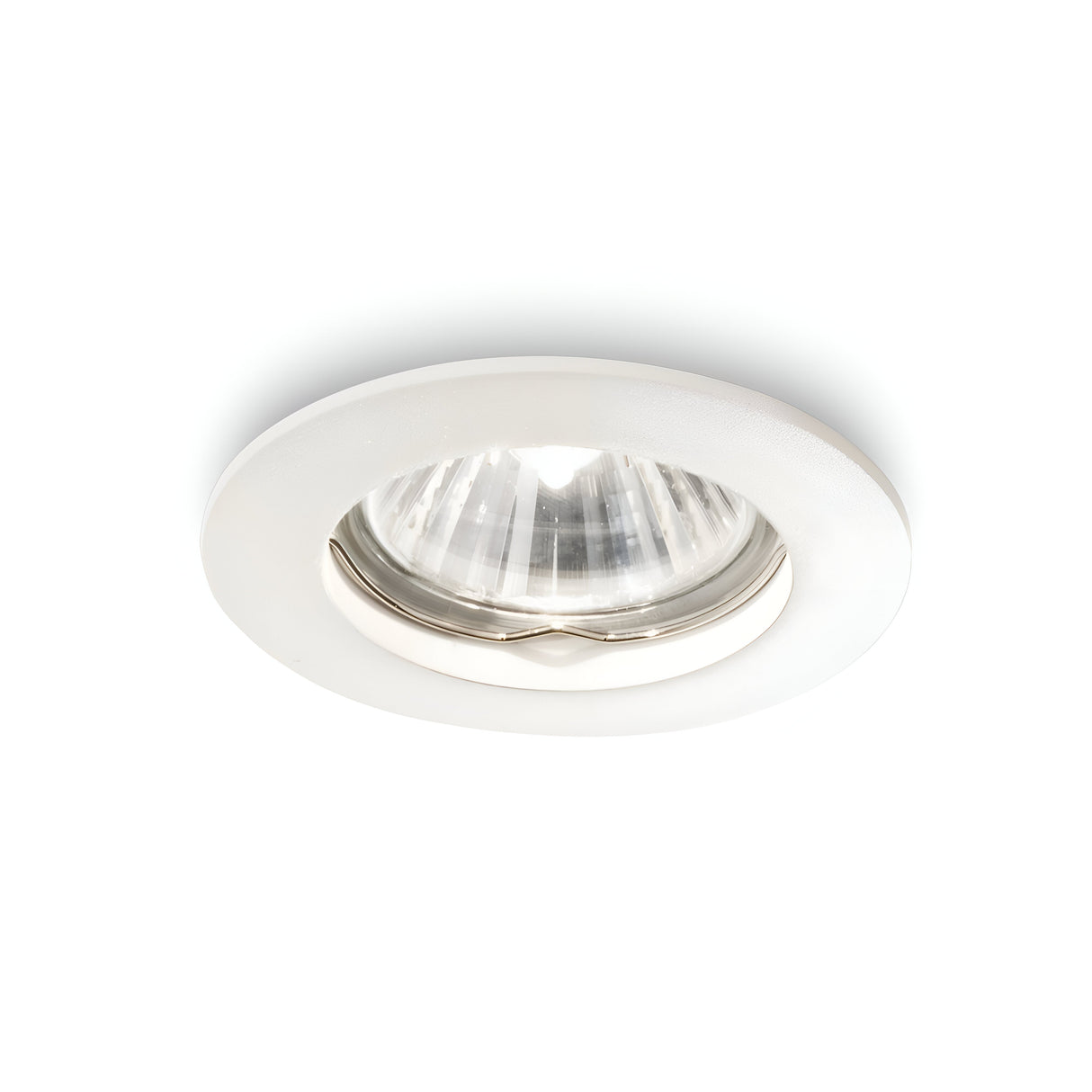 Close-up image of the Glorix Recessed Downlight - White, highlighting its modern design with a white trim and reflective surface. This elegant indoor lighting fixture is displayed against a plain white background, emphasizing its minimalist style.
