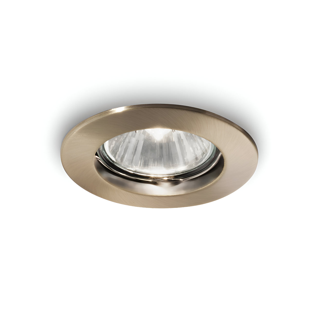 A close-up image of the Glorix Recessed Downlight - Brass showcases its elegant design, featuring a brushed metallic frame and a clear glass cover. The light is turned off against a plain white background, emphasizing its sophisticated aesthetic.