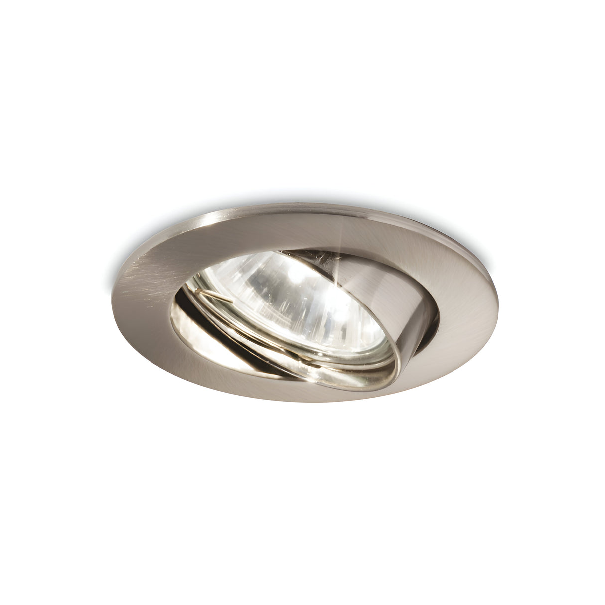 The Ozora Recessed Spotlight - Nickel is a circular ceiling light fixture with a brushed nickel finish that includes a pivoting spotlight for adjustable lighting. Its clear lens showcases the bulb inside, offering a sleek, modern touch to contemporary lighting.