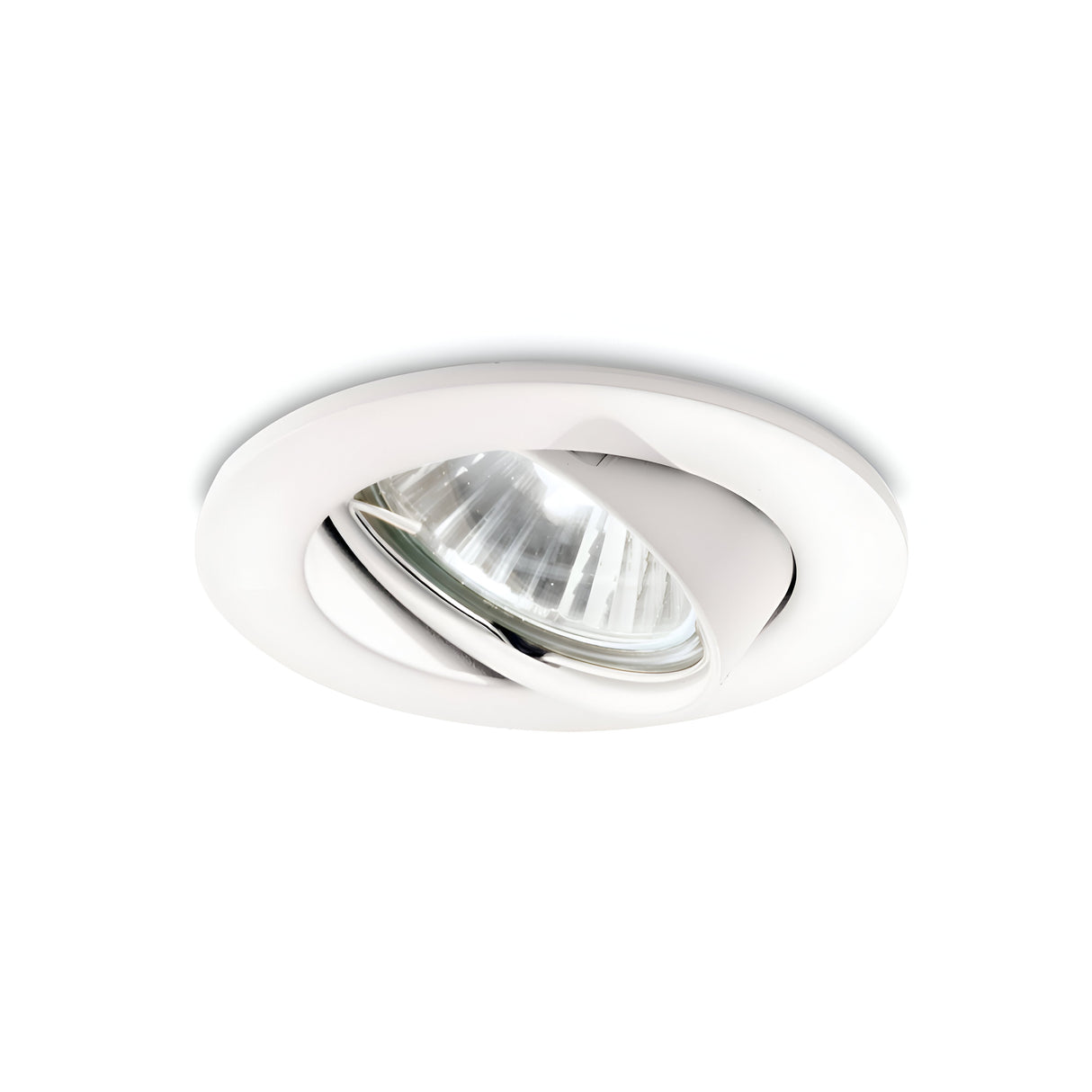 The Ozora Recessed Spotlight - White, crafted for minimalistic spaces, includes a white recessed ceiling fixture with a subtly angled reflective surface set against a clean white backdrop.