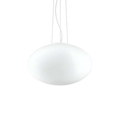 The Look 1 Light Pendant in White, measuring 40cm, features an elegant oval design that gracefully hangs from the ceiling with slender wires, enhancing contemporary interiors with its modern style against a clean white background.