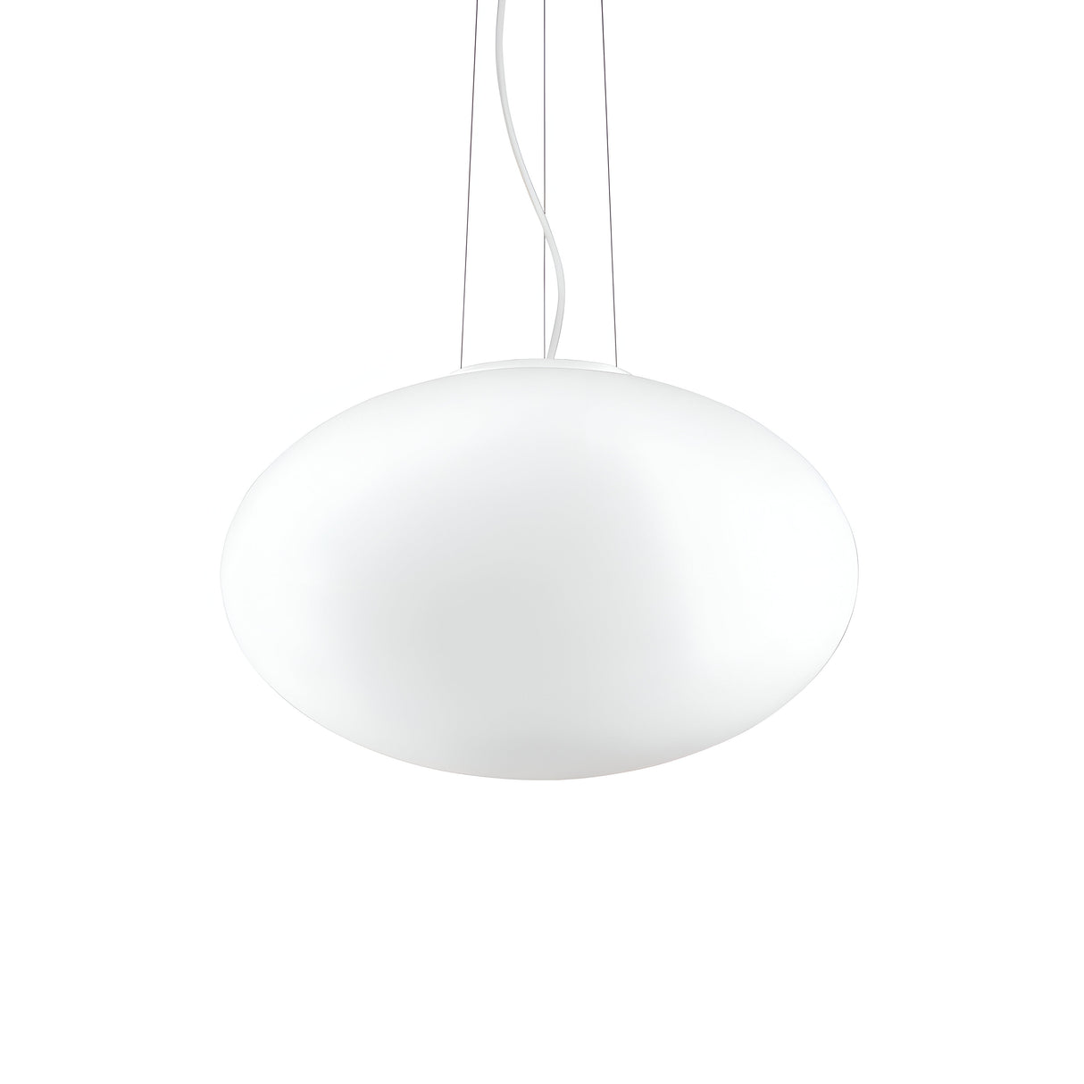 The Look 1 Light Pendant in white, measuring 50cm, features a modern oval design that hangs from the ceiling with adjustable steel cables. Its smooth and seamless surface emits a soft glow, providing a minimalist and contemporary accent to any space.