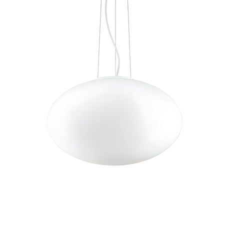 The Look 1 Light Pendant in white, measuring 50cm, features a modern oval design that hangs from the ceiling with adjustable steel cables. Its smooth and seamless surface emits a soft glow, providing a minimalist and contemporary accent to any space.
