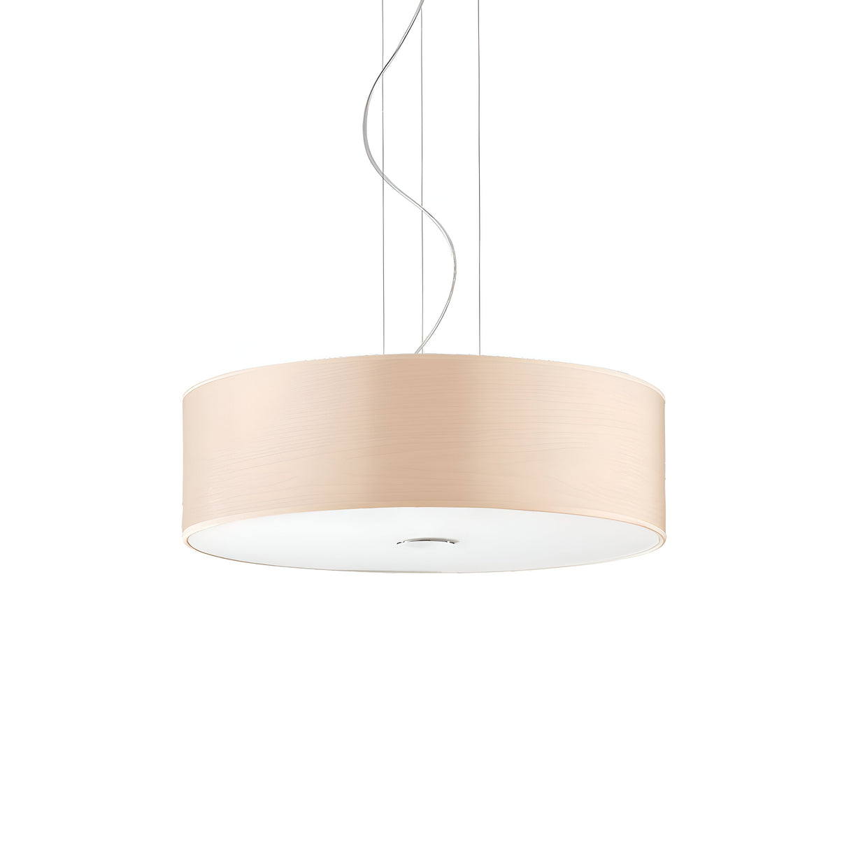 The Noble 4 Light Pendant - Cream showcases a contemporary design with a circular, beige wooden shade in a calming cream color, complemented by a sleek white diffuser. It is distinctively suspended by adjustable cables against an unobtrusive white backdrop.