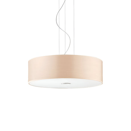 The Noble 4 Light Pendant - Cream showcases a contemporary design with a circular, beige wooden shade in a calming cream color, complemented by a sleek white diffuser. It is distinctively suspended by adjustable cables against an unobtrusive white backdrop.