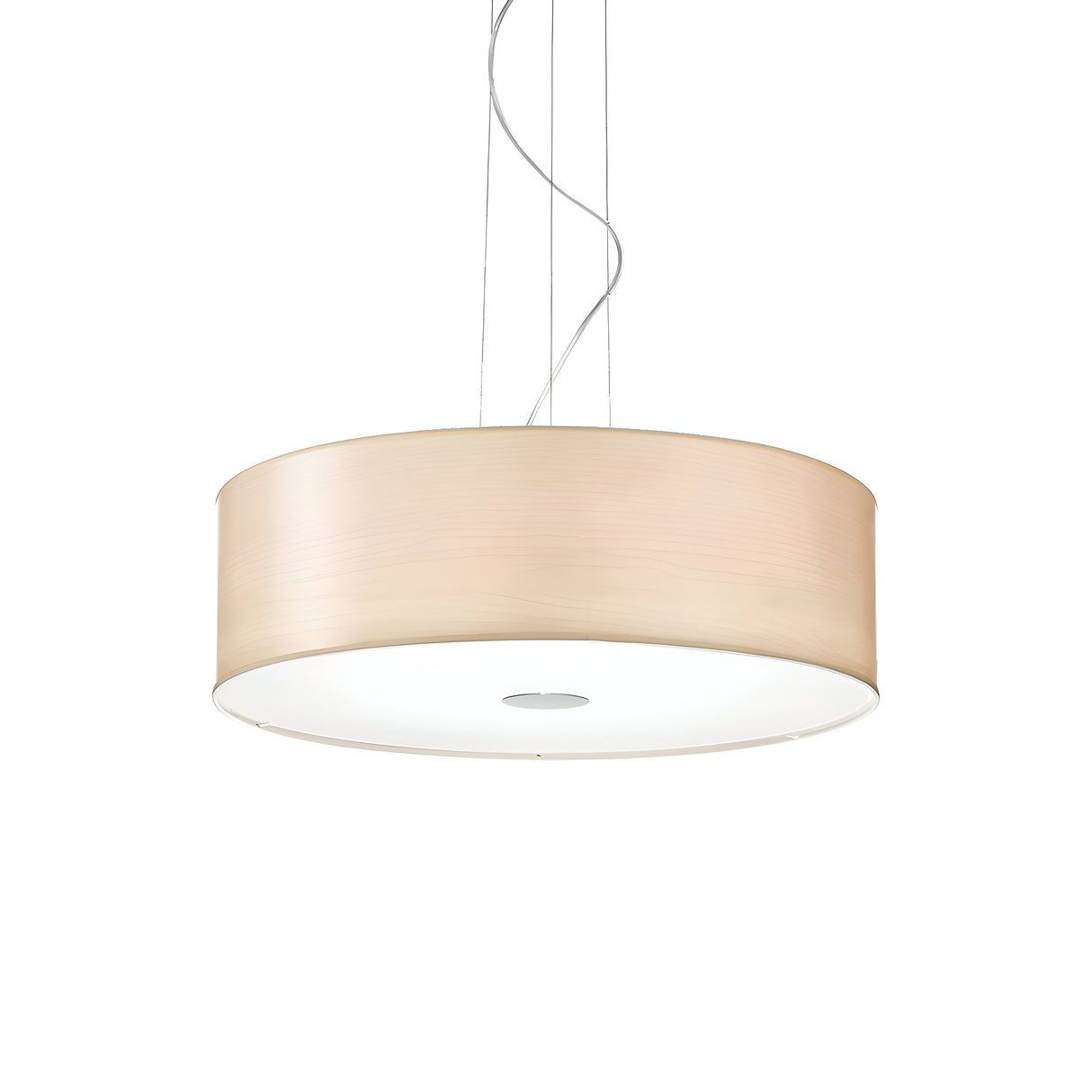 The Noble 5 Light Pendant in beige features a sleek and minimalist design with a cylindrical shade and chromed metal frame. A white diffuser is included, and it hangs elegantly from the ceiling by thin wires, making it the perfect addition to contemporary interior decor.