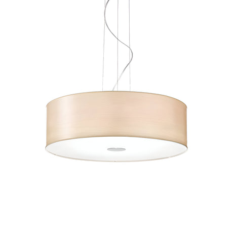 The Noble 5 Light Pendant in beige features a sleek and minimalist design with a cylindrical shade and chromed metal frame. A white diffuser is included, and it hangs elegantly from the ceiling by thin wires, making it the perfect addition to contemporary interior decor.